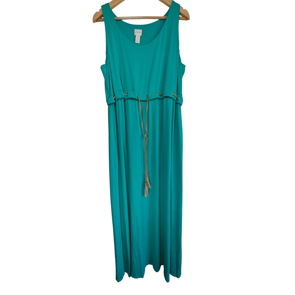Chicos Sleeveless Drawstring Maxi Dress Womens 3 XL Teal‎ Blue Braided Tassels